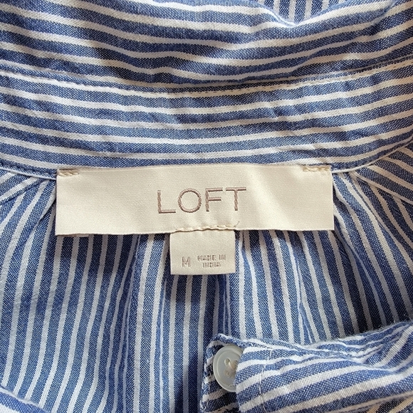 LOFT Blue White Striped 100% Cotton Button Down Shirt Embroidered Birds Size M - Picture 6 of 10